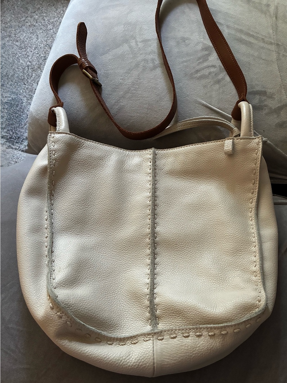 The Sak Cream Leather Shoulder Hobo with Brown Strap Los Feliz Bag